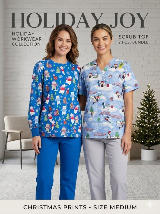 UA Scrubs Tops - Christmas Scrub Top Bundle - 2 Pieces - Polar Bear & Peanuts Print - Size Medium